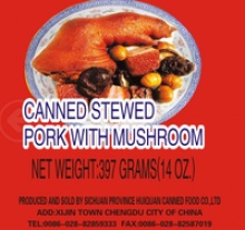 canned food,pork meat,ready to eat meal,pork, canned stewed pork feet with mushroom - product's photo